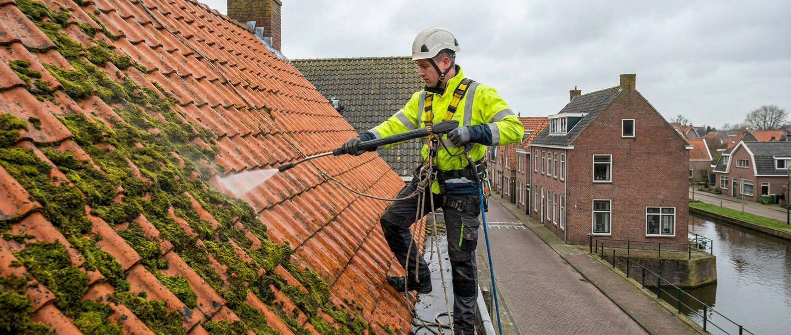 Specialist dakpannen ontmossen aan het werk op een dak Nederland